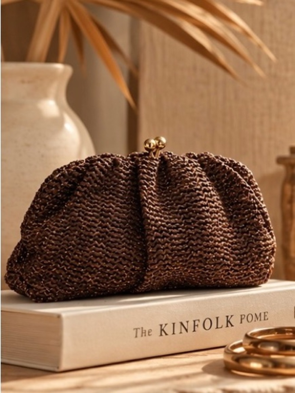 Woven Brown Metallic Clutch with Gold Kiss-Lock